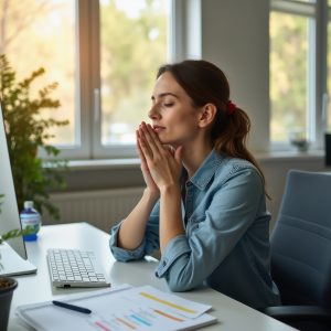 Frau am Schreibtisch mit geschlossenen Augen für mehr innere Balance.